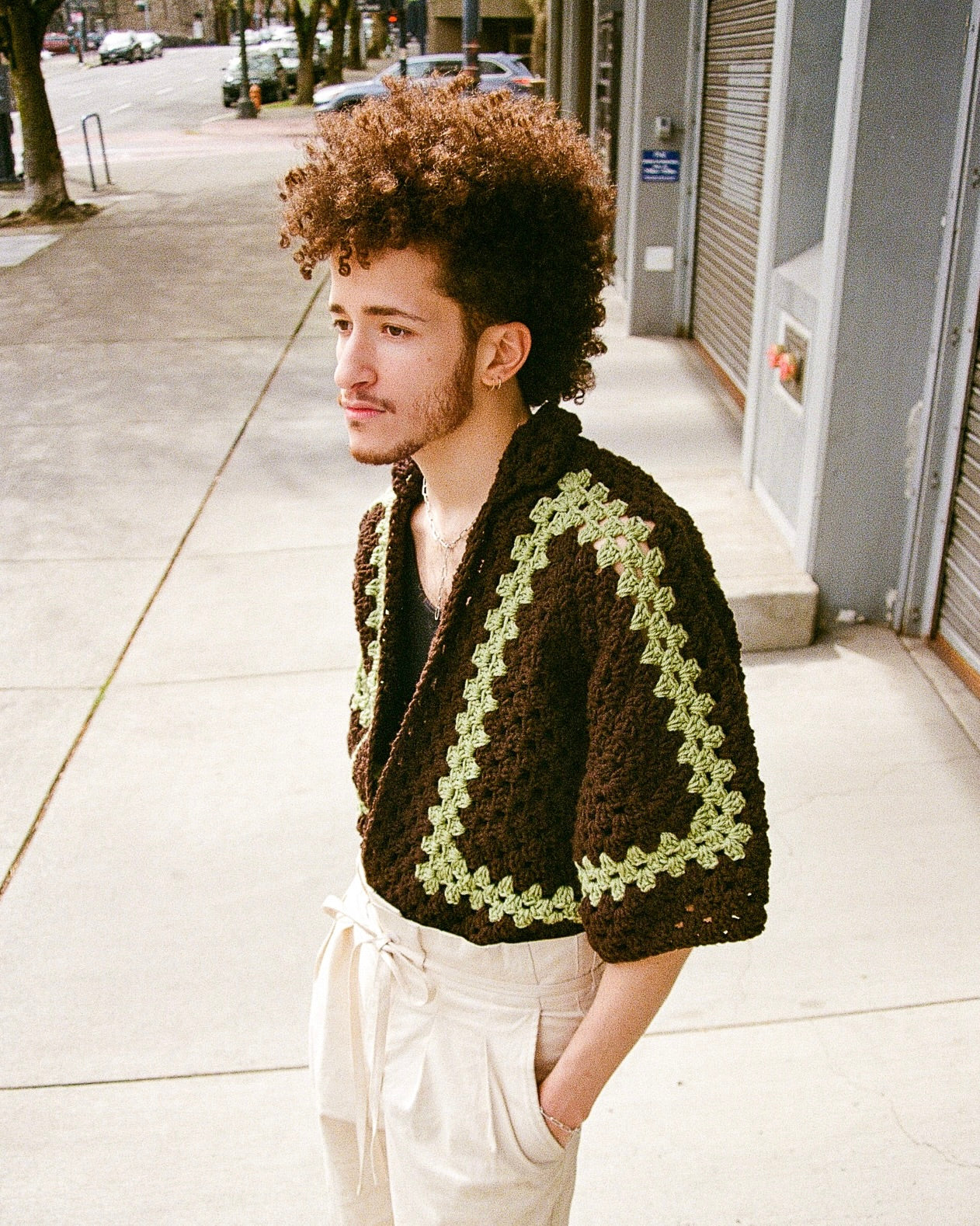 Handmade Brown & Green Crochet Polo (M)