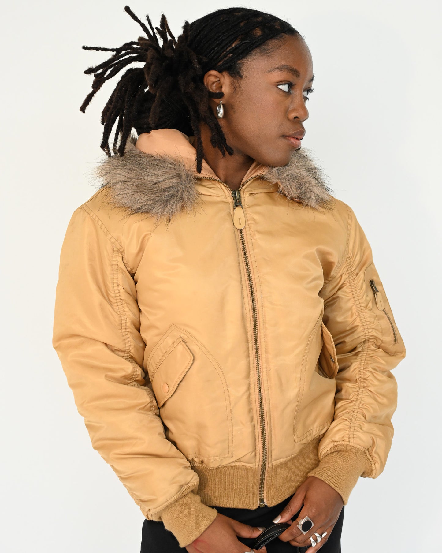 Camel Ruched Bomber Jacket