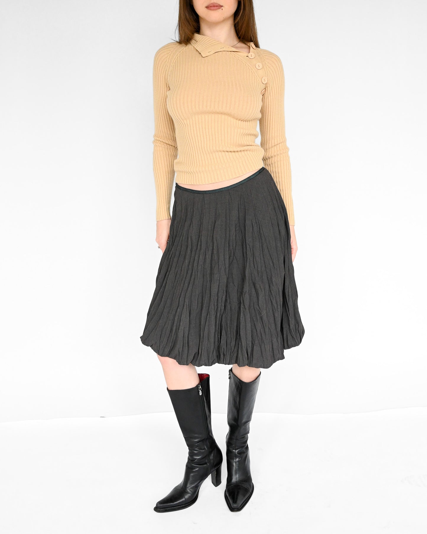 Beige Ribbed Knit Button Shirt (XS)