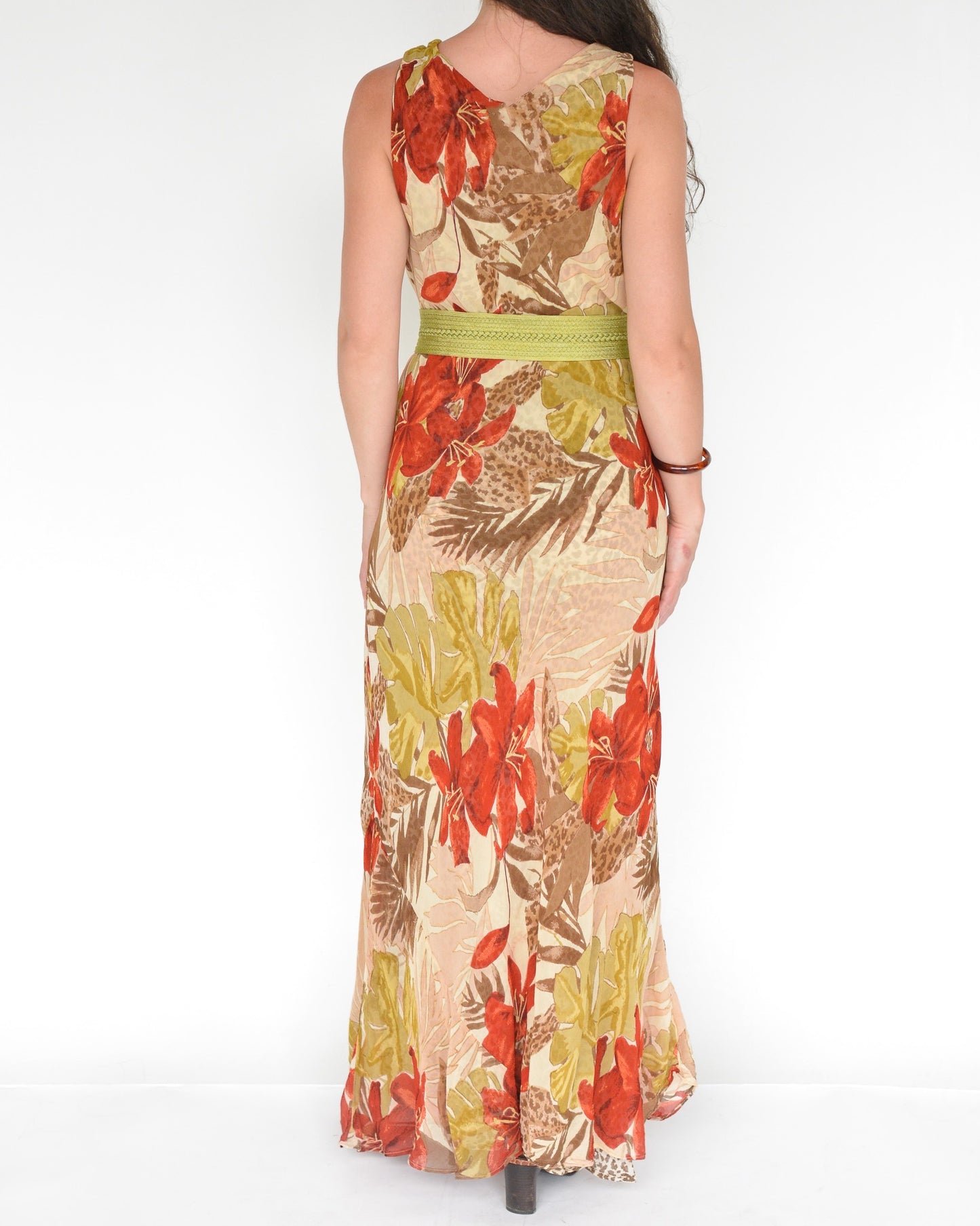 Vintage tropical flower print layered maxi dress.