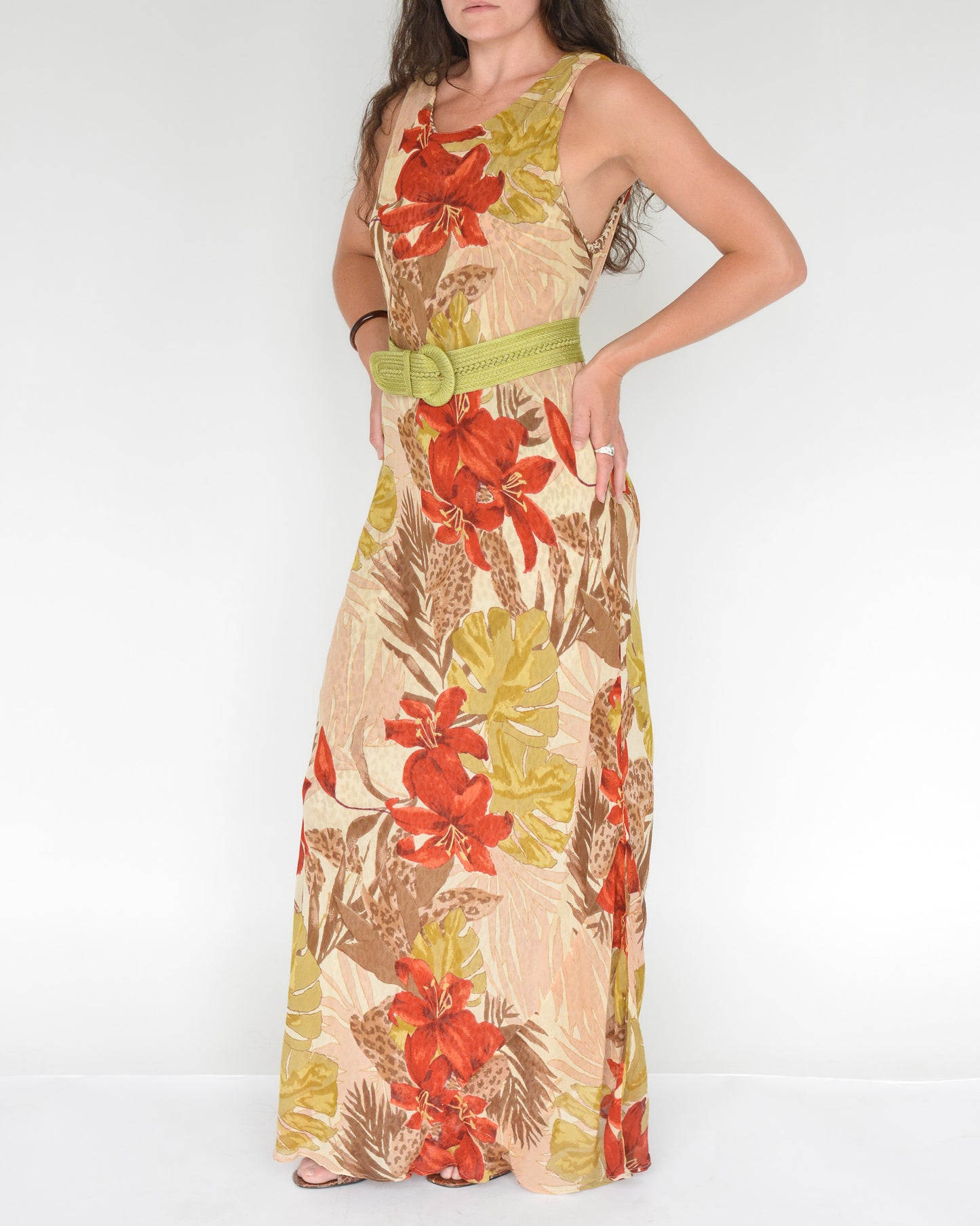 Vintage tropical flower print layered maxi dress.