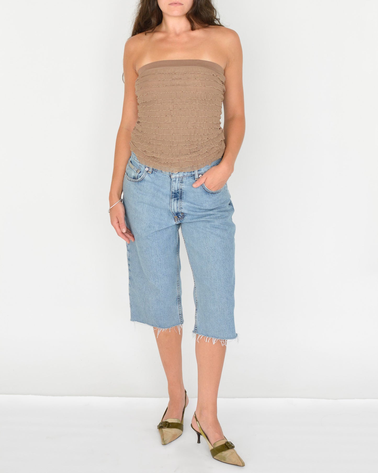 Taupe Tiered Ruffle Tube Top (S-M)