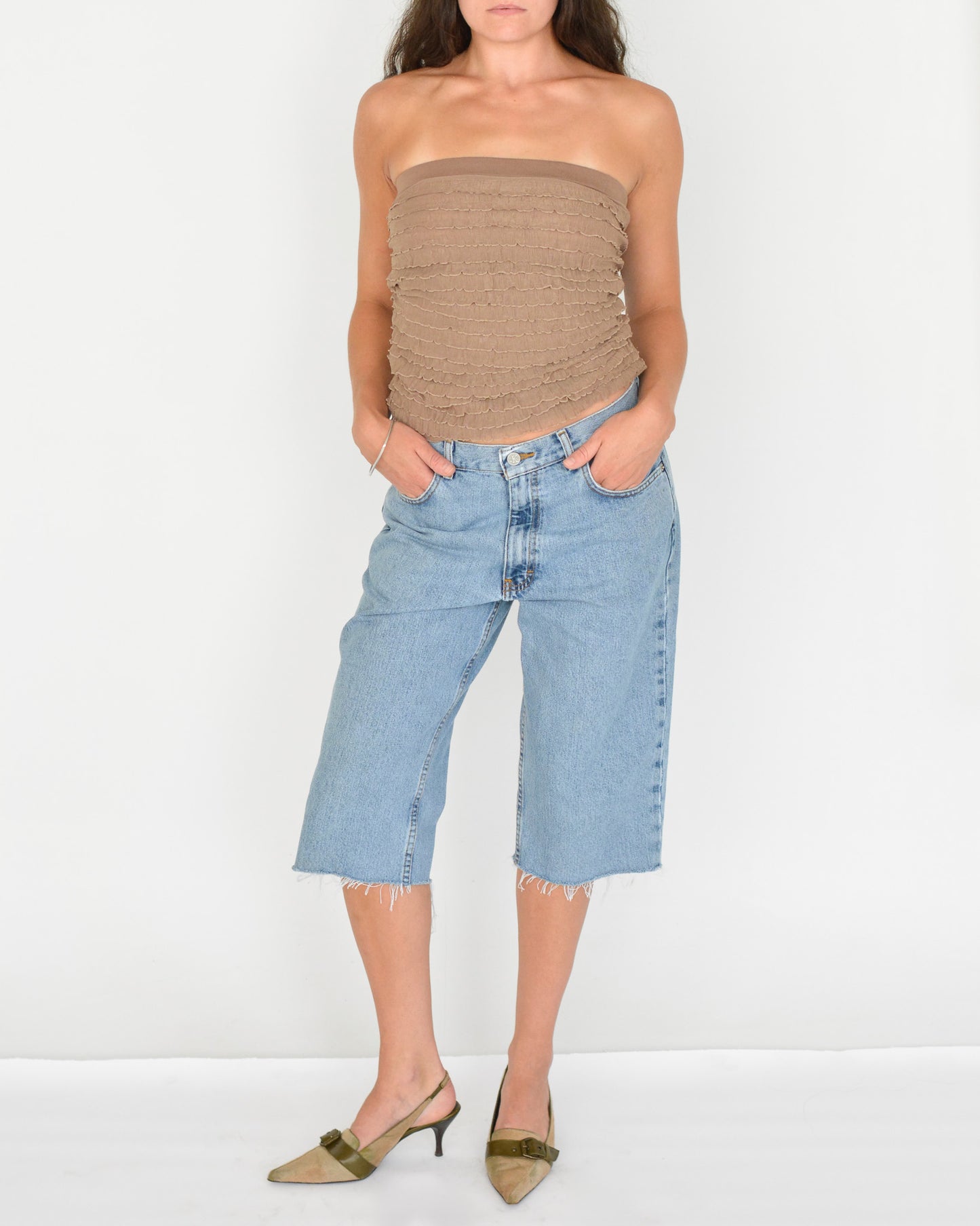 Taupe Tiered Ruffle Tube Top (S-M)