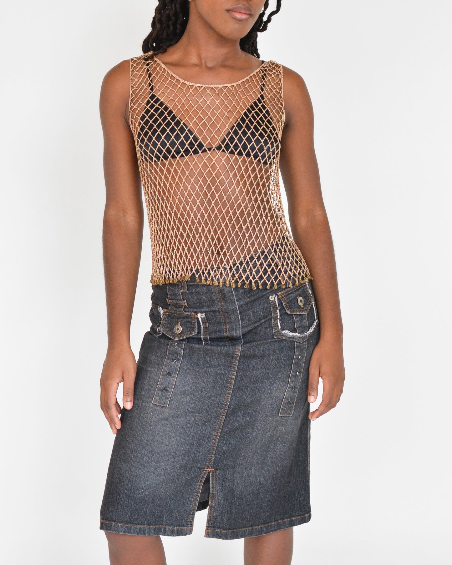 Gold Beaded Net Tank (S-M)
