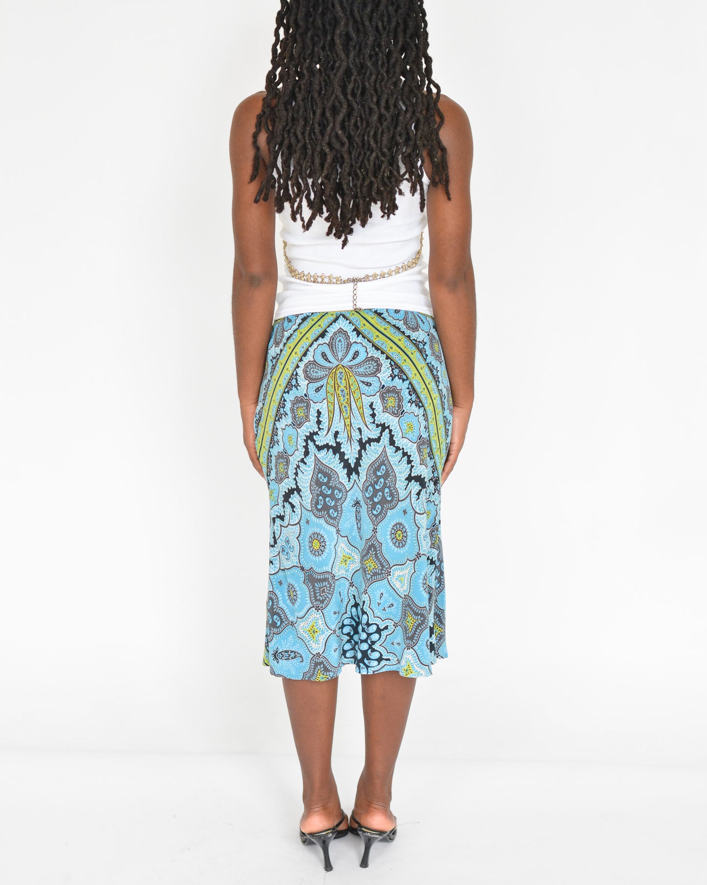 Aqua Paisley Print Silk Skirt (M)