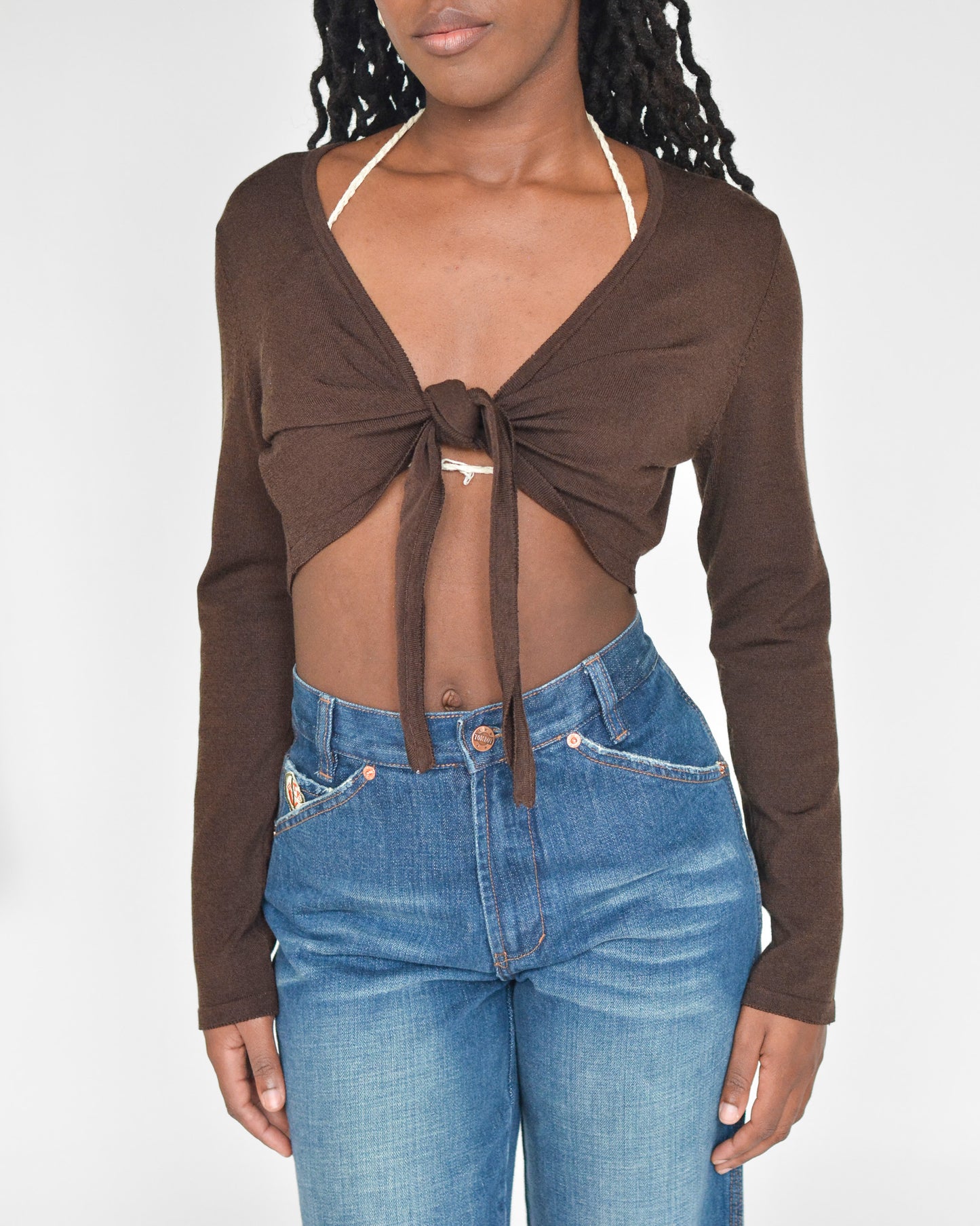 Brown Cropped Tie Top (S-M)