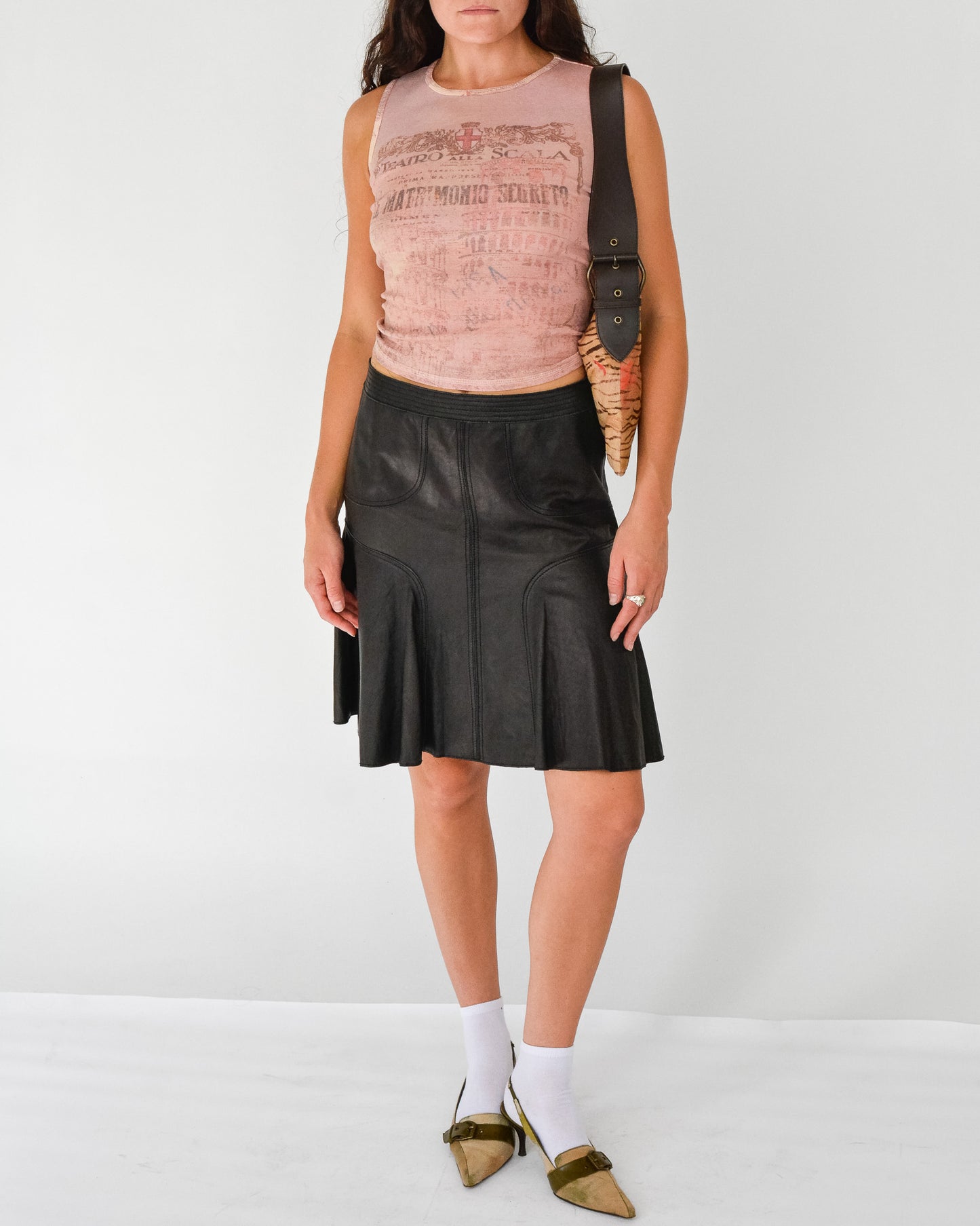 Black Paneled Leather Ruffle Skirt (M)