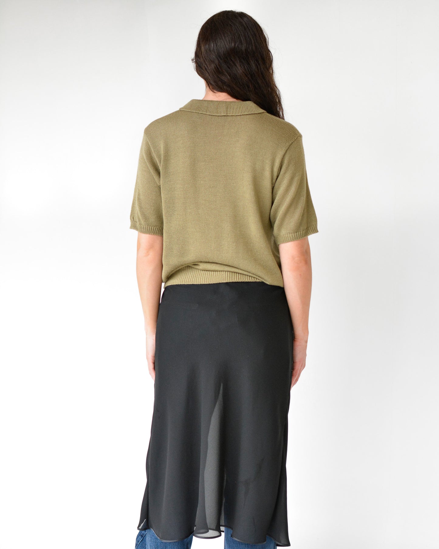 Back of vintage taupe collared knit shirt