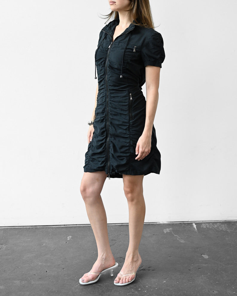 Black Silk Ruched Zip Dress (M)