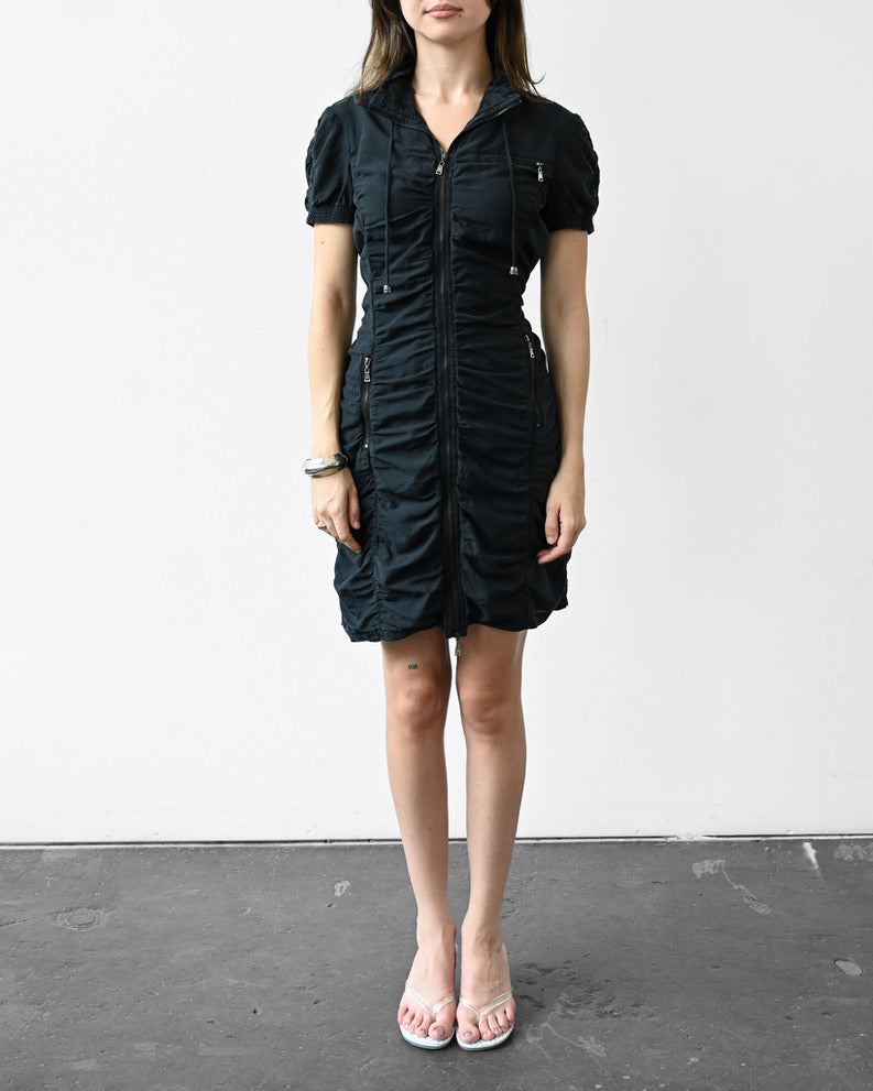 Black Silk Ruched Zip Dress (M)