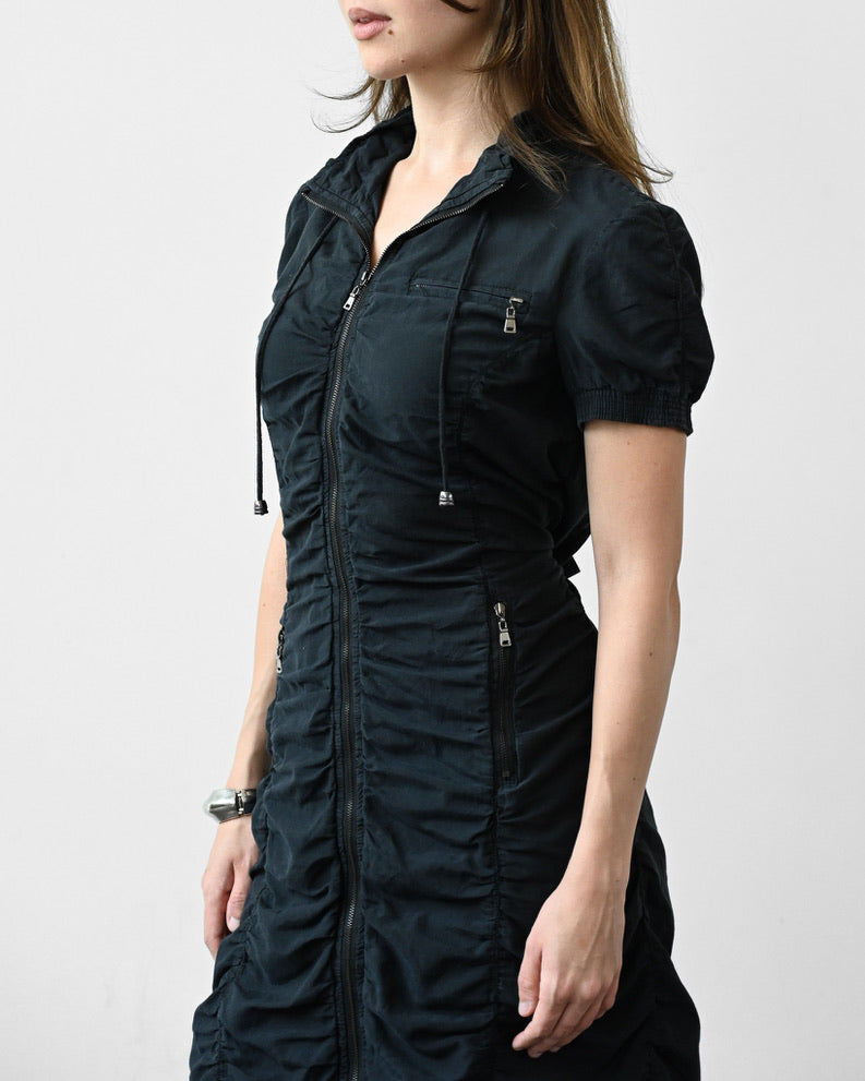 Black Silk Ruched Zip Dress (M)