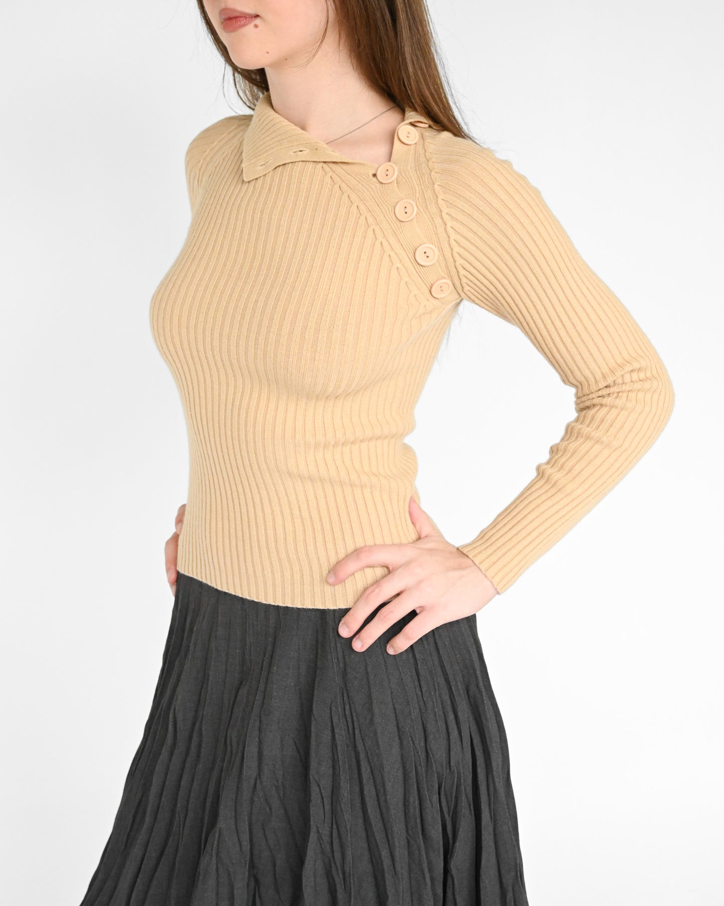 Beige Ribbed Knit Button Shirt (XS)