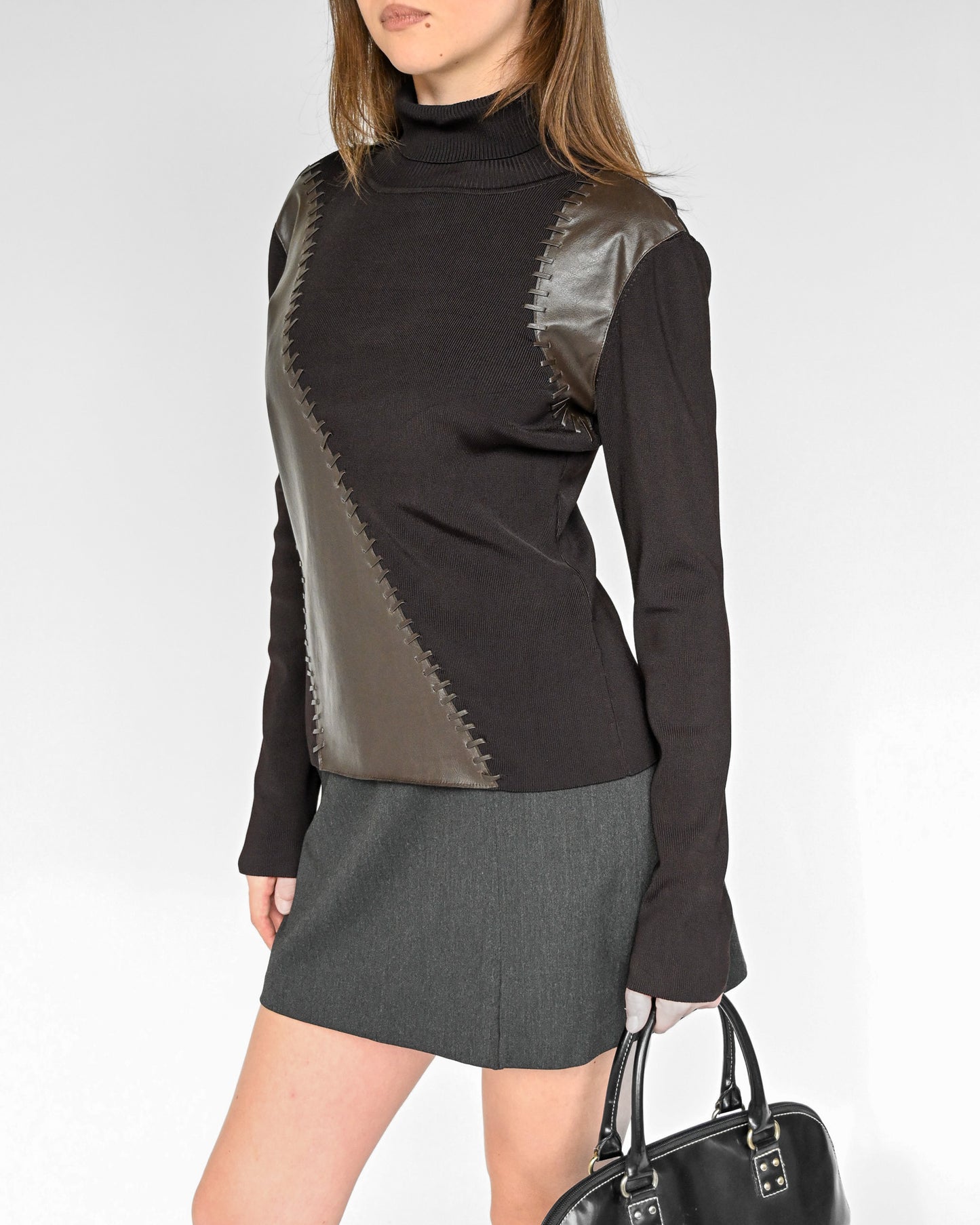 Brown Paneled Leather Knit Turtleneck (M)