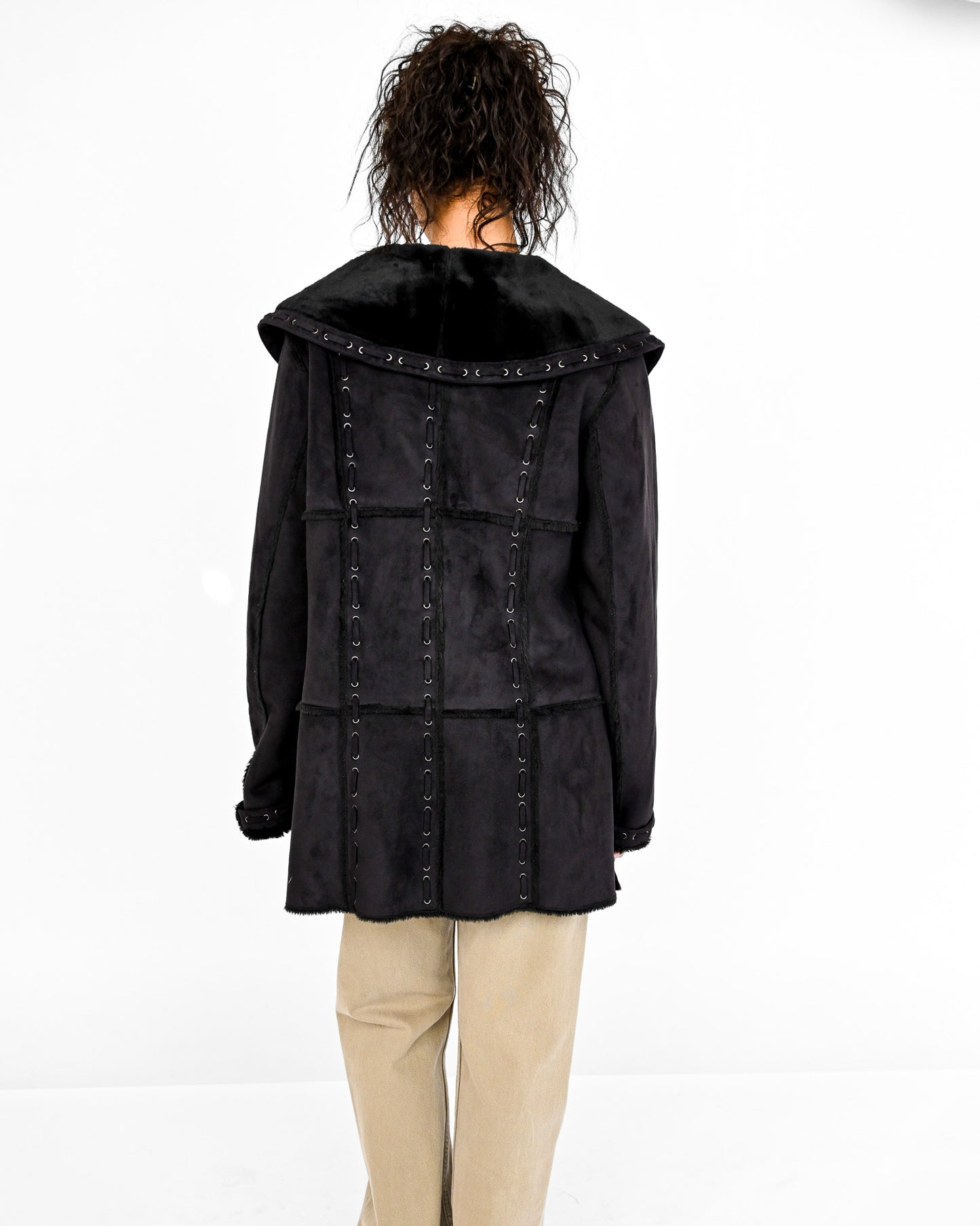 Black Lace-Up Faux Shearling Coat (M)