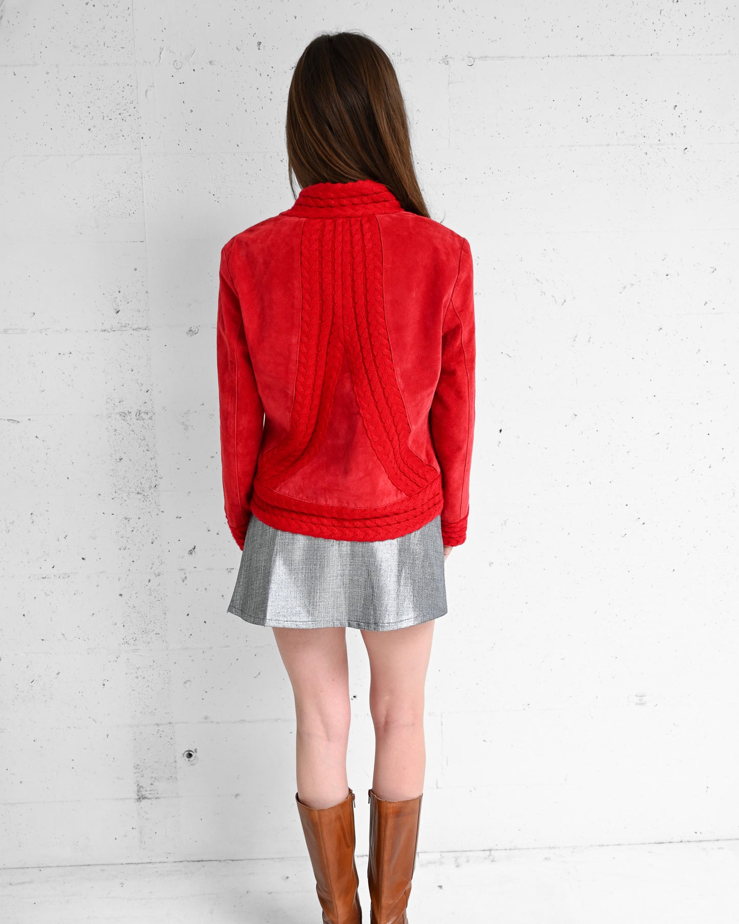 Red Paneled Suede Knit Jacket (M)