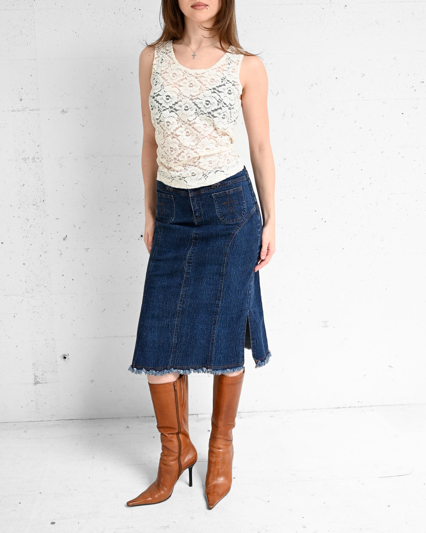 Denim Paneled Midi Skirt (S-M)