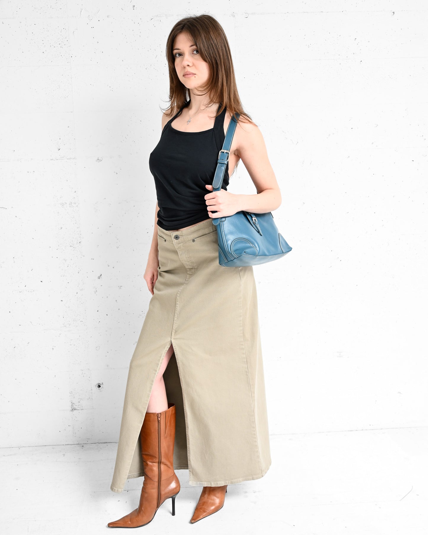 Khaki Denim Maxi Skirt (M)