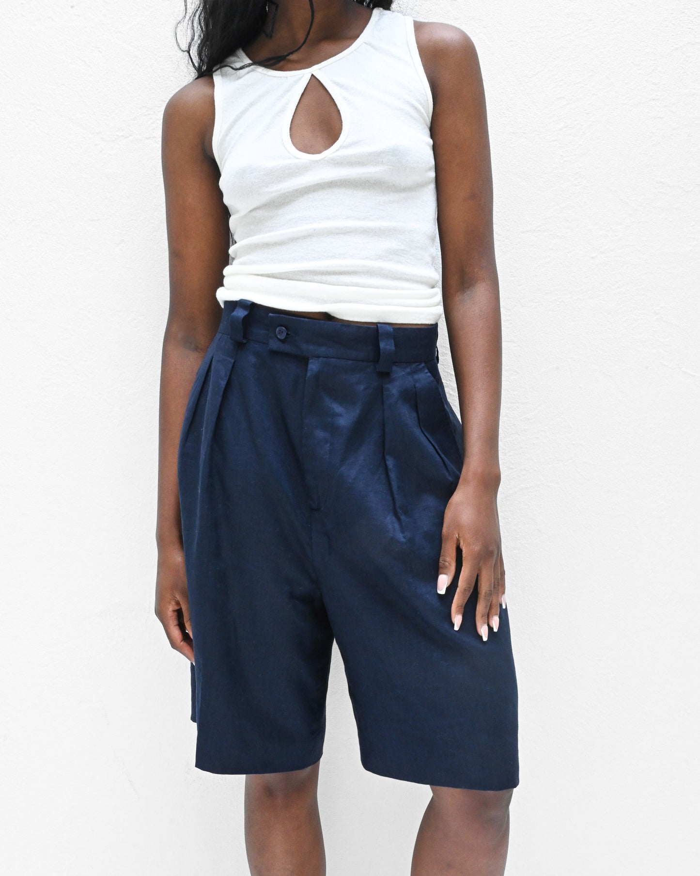 Navy Linen Pleated Shorts (M)