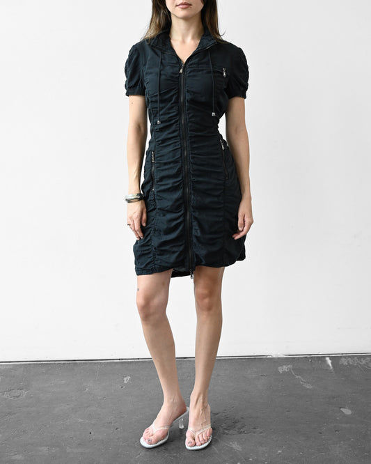 Black Silk Ruched Zip Dress (M)