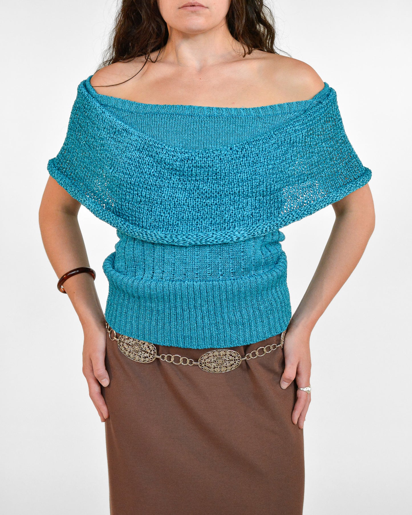 Vintage aqua blue knit draped top.