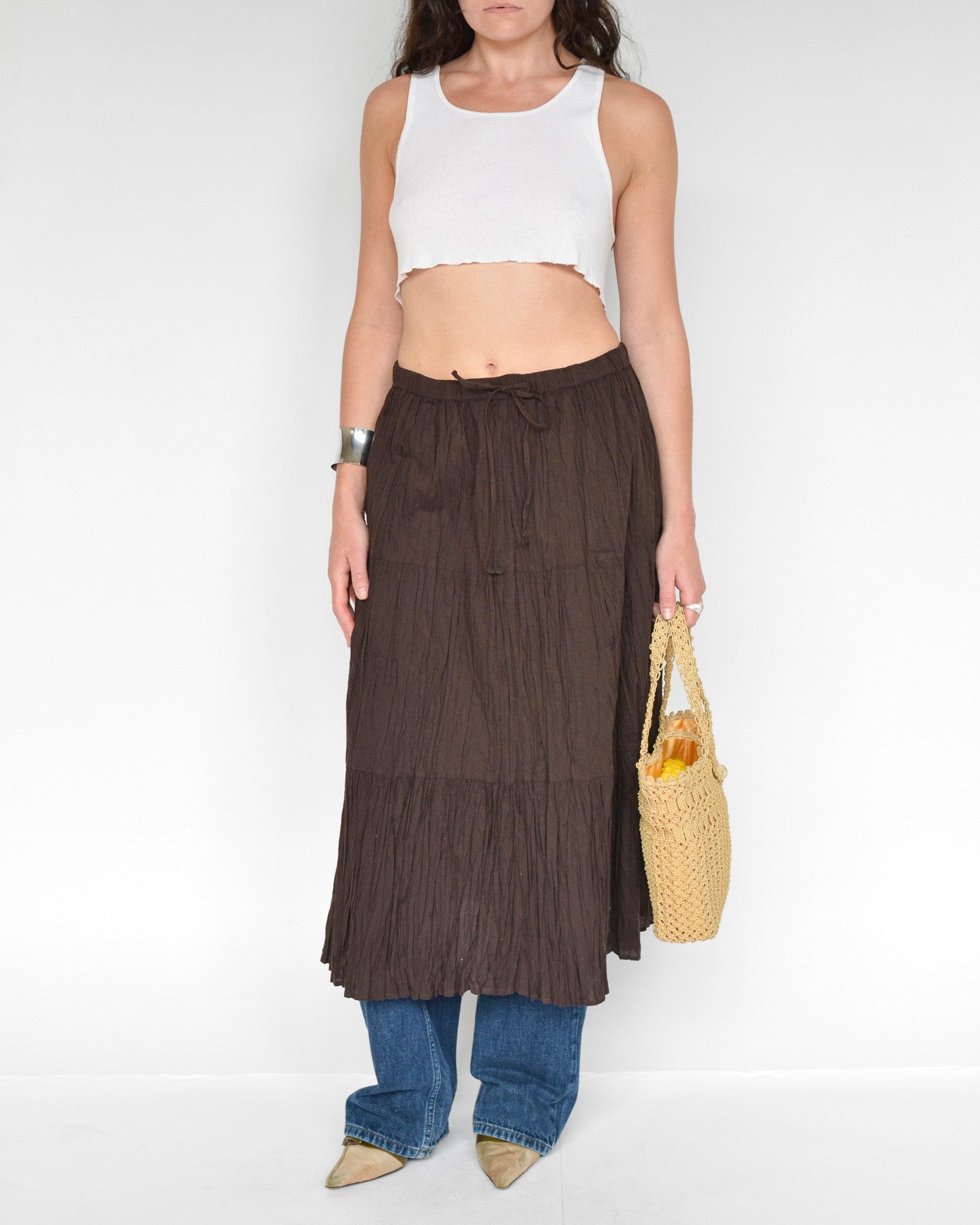 Vintage brown drawstring pleated crinkle skirt.
