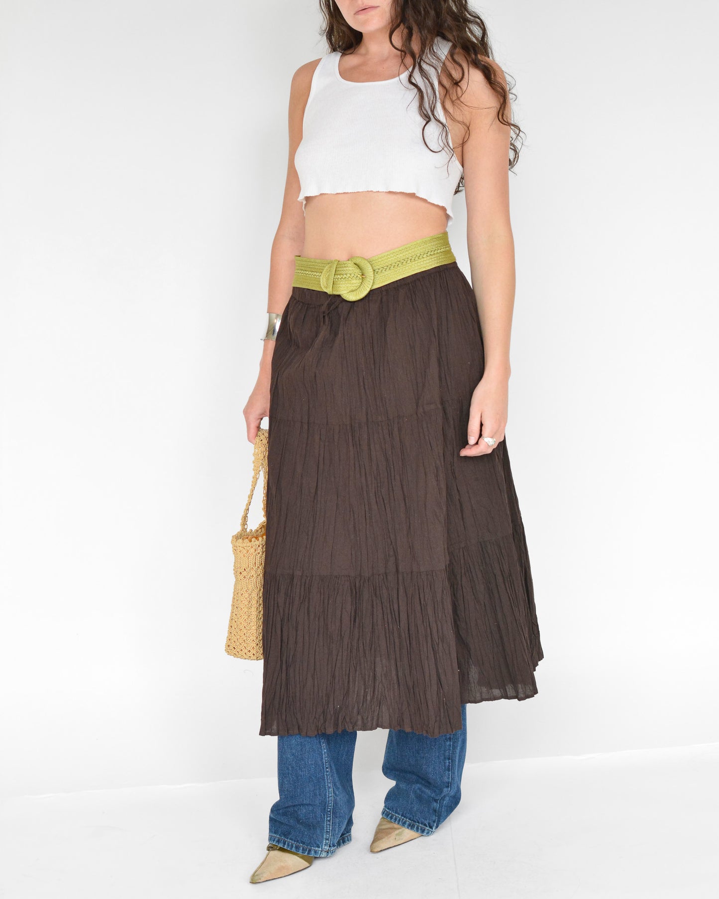 Vintage brown drawstring crinkle skirt.