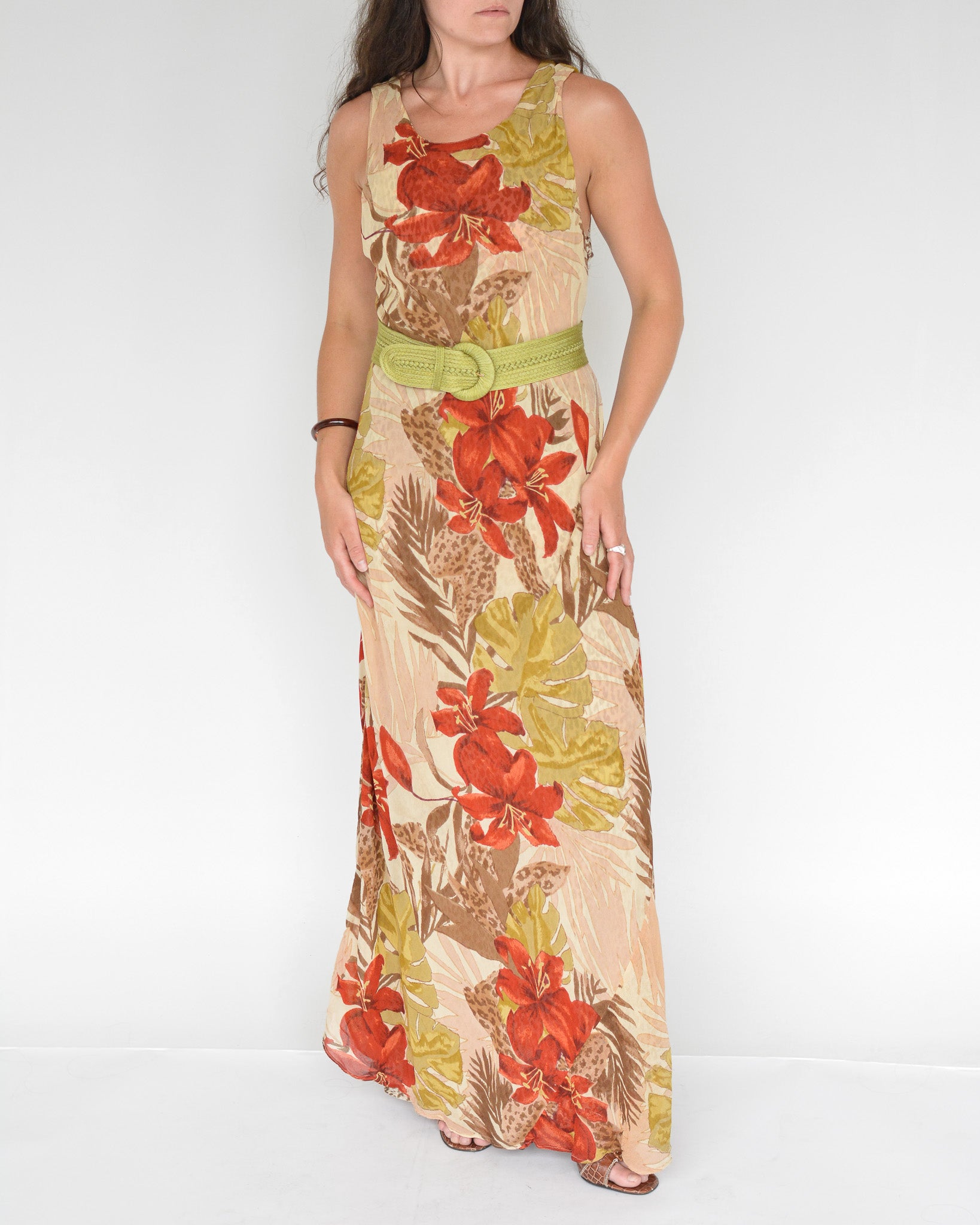 Vintage tropical flower print layered long maxi dress.