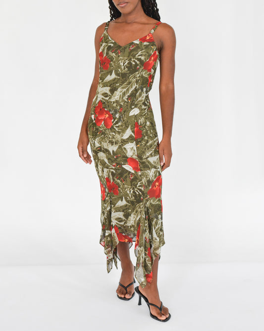 Green Tropical Print Dress (S)