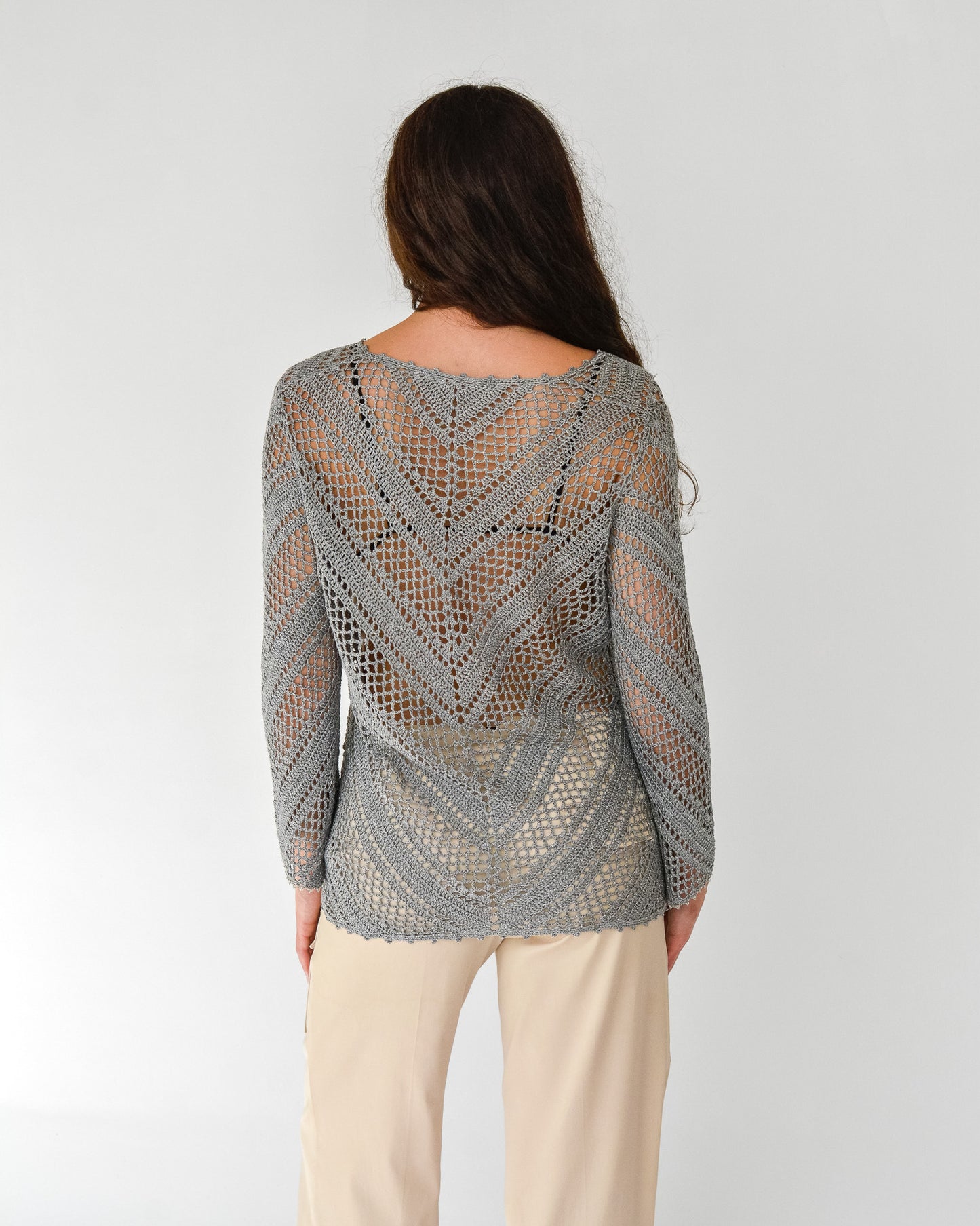 Silver Metallic Crochet Sweater (M)
